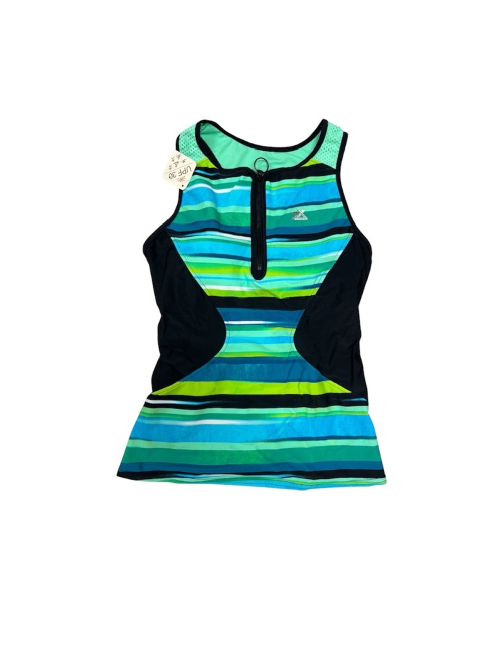 ZeroXposur Girls' Striped Front-Zip One-Piece Swimsuit - Aqua, Teal, Lime, Black